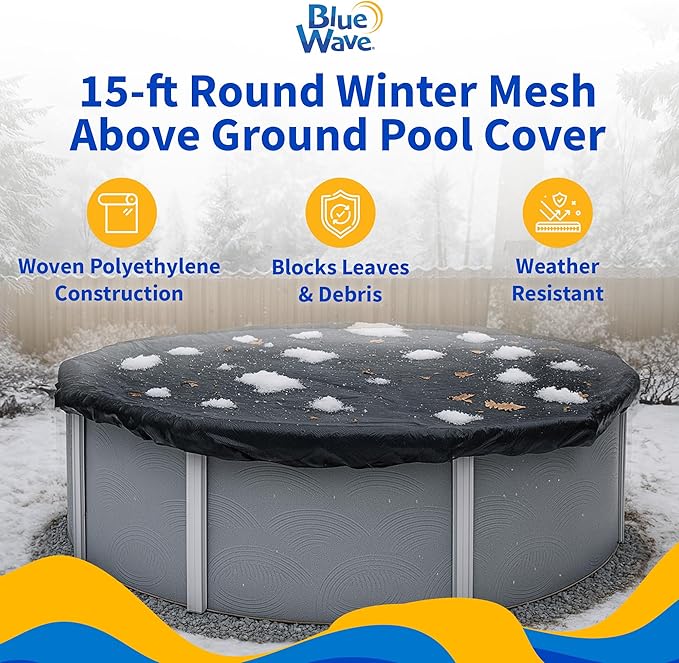 Blue Wave Rugged Mesh 15 ft 8-Year Above Ground Pool Cover for Winter – Fine Mesh Debris Barrier – 4 ft Overlap, Reinforced Grommets, Vinyl-Coated Cable, Metal Winch – Black Finish - BWC602