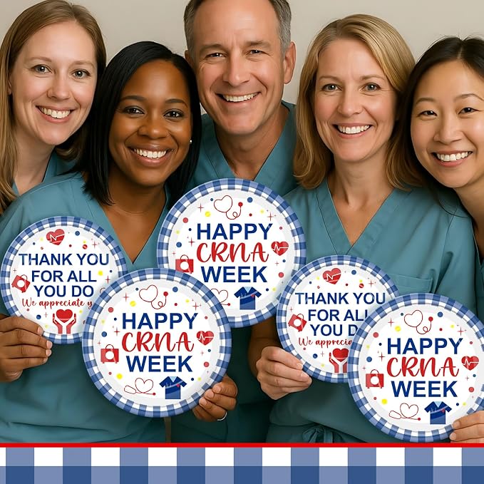 Remerry 96 Pcs Happy CRNA Week Party Supplies Nurse Anesthetist Appreciation Plates and Napkins Set Decoration Thank You Staff Disposable Plates for CRNA Week Party Supplies