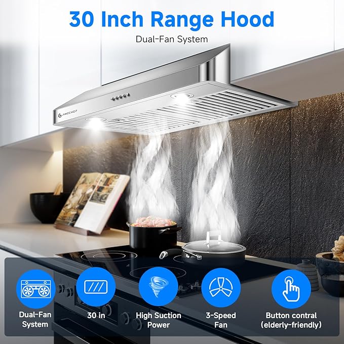 AMZCHEF 30" Under Cabinet Range Hood with Dual Fans System-1050CFM Ultra-Powerful Ventilation,3 Speed Stainless Steel Kitchen Hood Button Control Dishwasher-Safe Baffle Filters Three Outlet Design