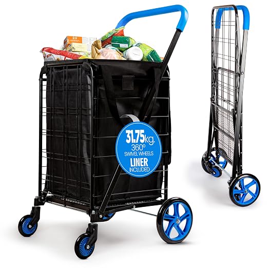 SereneLife Small Compact Folding Shopping Cart with Removable Waterproof Liner – 360° Swivel Wheels, Rust‑Proof Steel Frame, 70 lb Capacity – Portable Grocery, Laundry & Travel Cart (Blue)