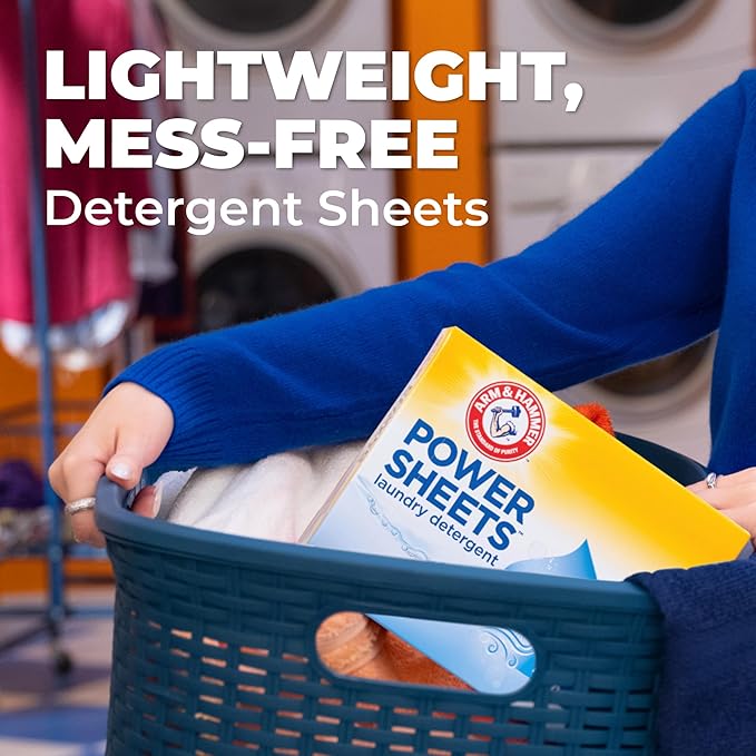 ARM & HAMMER Power Sheets Laundry Detergent, Fresh Breeze Scent, Dissolves in All Wash Temps, Lightweight and Travel-Ready, 60ct, Up to 120 Small Loads (Pack of 6)