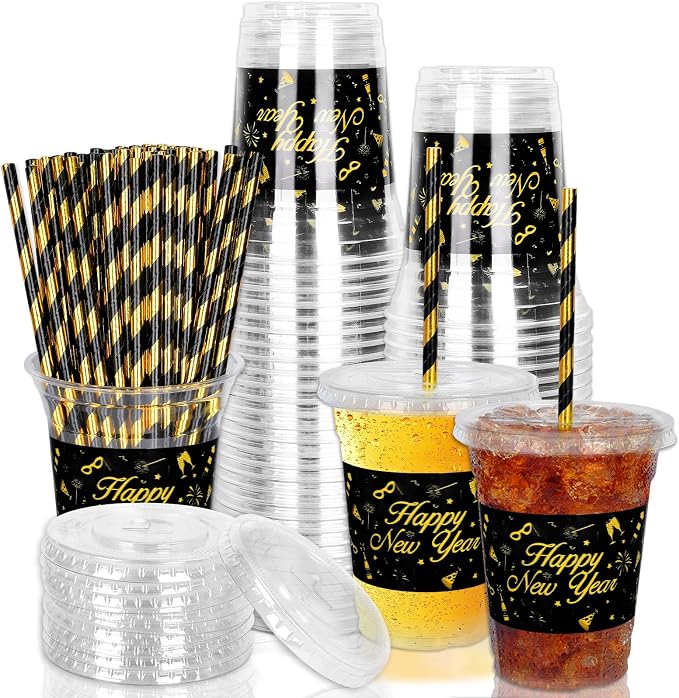 JarThenaAMCS 50Pcs New Year Plastic Cups With Lids And Straws 12oz Disposable Party Cups Black Gold Cold Beverage Drinking Cups for Chinese Spring Festival Party Supplies