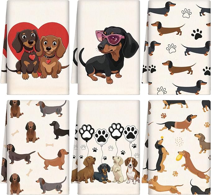 Hahafelt 6 Pack Dachshund Kitchen Towels 24x14 Inch Dachshund Gifts for Women Mom Funny Weiner Dog Kitchen Bathroom Decor Puppy Absorbent Tea Hand Dish Towels Decorative for Women Mother's Day