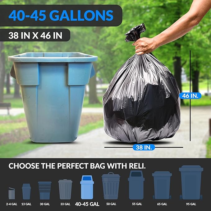 Reli. 40 to 45 Gallon Trash Bags Heavy Duty | 150 Trash Bags with Ties | Super Sizeable, Black, Serious Garbage Cleanup