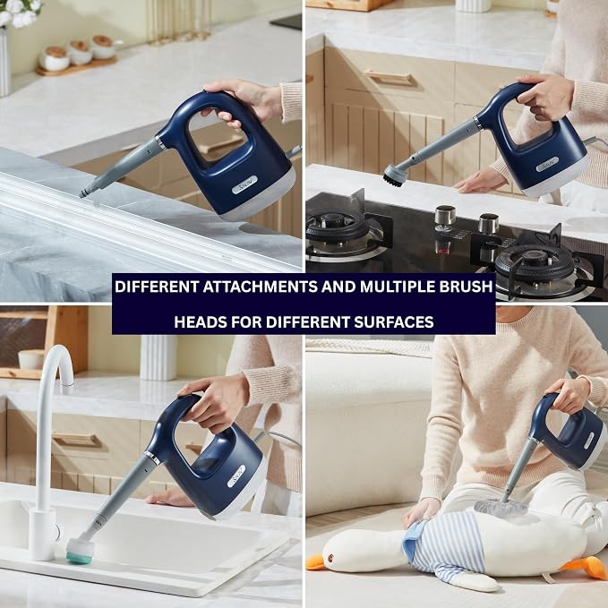 SALAV® CleanSteam Compact Steam Cleaner Pressurized Multi-Surface Handheld Steamer w/11pc Accessories, Safety Lock No-Drip Fast Heat Time Unlimited Use, for Cleaning Windows, Tiles, Grout, Car (Navy)
