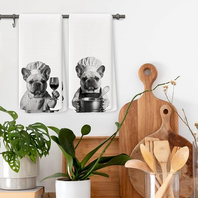 Funny Chef French Bulldog Kitchen Towels Set of 2, French Bulldog Dog Gifts for Women Dish Tea Towels for Kitchen, Dog Mom Lovers Owner Gifts Decorative Hand Towel, 16x24 Inch