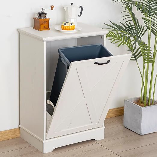 13 Gallons Tilt Out Trash Can Cabinet, Wooden Trash Can Cabinet Tilt Out Pet Proof Hidden Garbage Cabinet for Kitchen, Antique White
