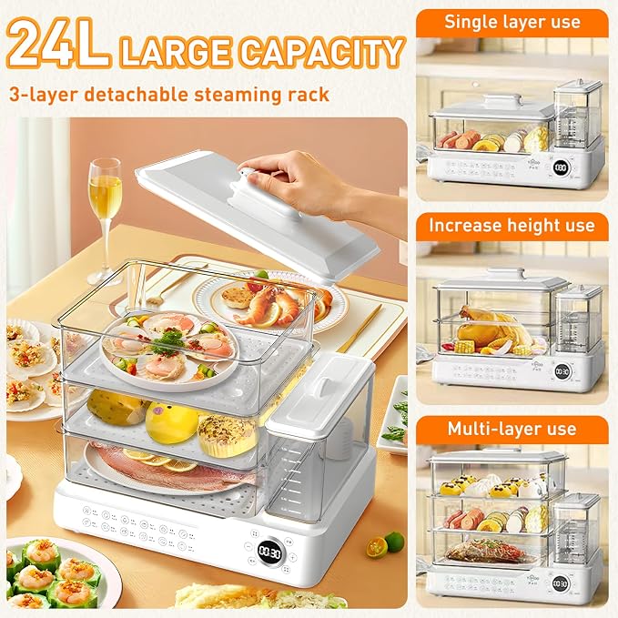 24L/25QT Electric Steamer, 3 Tier Food Steamer, Commercial Stainless Steel Steamer with Detachable Water Tank, Large Capacity Breakfast Machine with Timer, for Home, Restaurant, Party