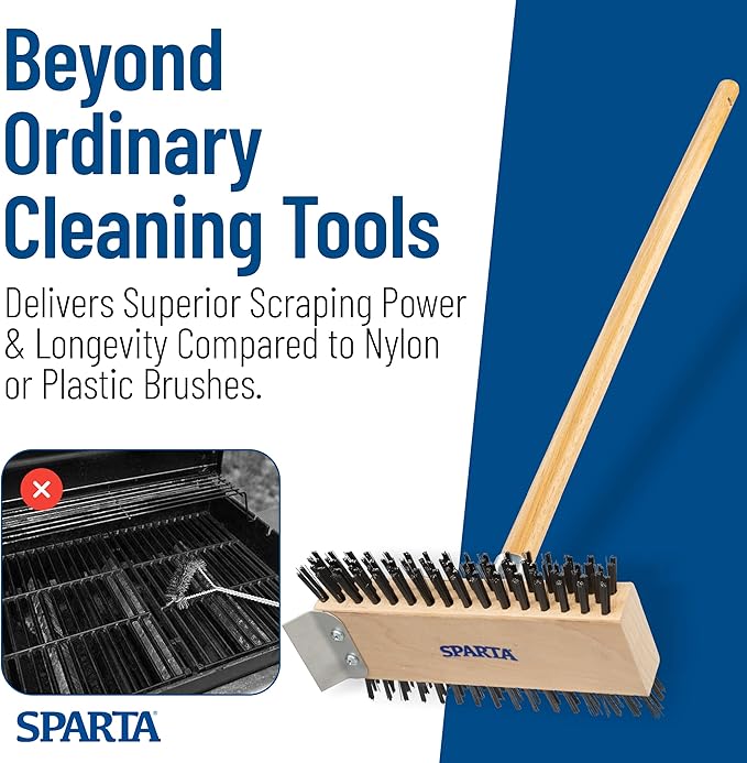 SPARTA 4002600 Stainless Steel Grill Brush, Grill Scraper With Long Handle For Commercial Cleaning, Kitchens, Restaurants, Bathrooms, 30 Inches, Brown