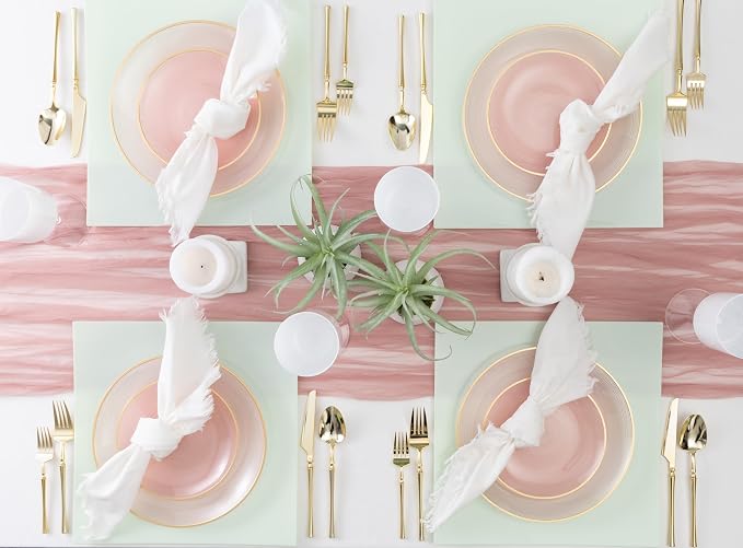 PLASTICPRO 64 Pieces Crystal Design Plastic Plates Combo Pack 7 inch and 10 inch Gold Rim Elegant Disposable Plates, Transparent Pink