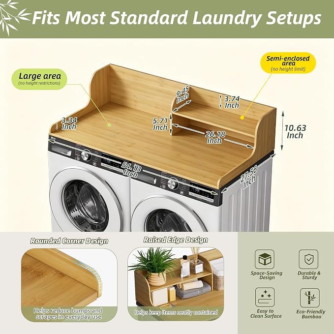 Washer Dryer Countertop with Shelf, 54" x 27.5" 2-Tier Bamboo Laundry Topper, Washer and Dryer Countertop for Laundry Room Organization with Edge Rails, Waterproof, Natural