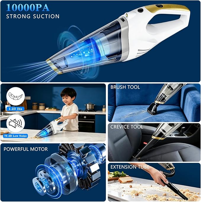 Handheld Vacuum Cordless Rechargeable, Portable Car Vacuum Cleaner | Strong Suction Hand Vacuum with LED Light, Washable Filters and Attachments for Car, Pet Hair, Home and Office