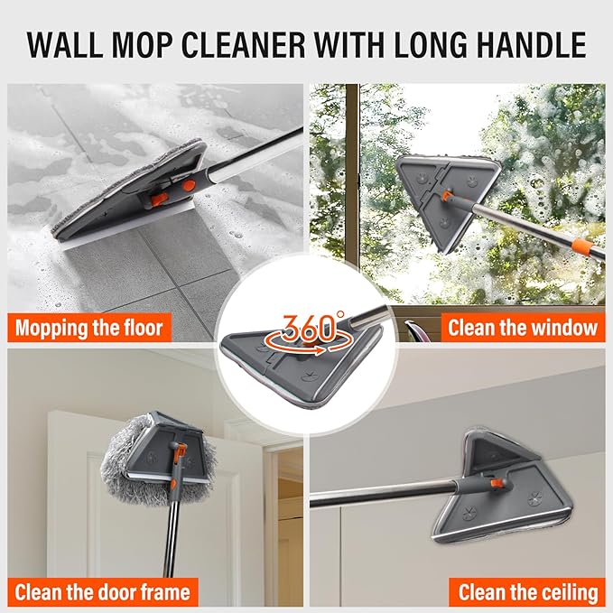 Wall Cleaner Mop with Long 86" Handle,Baseboard Cleaner Tool with Handle,180° Folding Ceiling Tool Duster with Squeegee,360 Rotatable Wall Mop,10 Replacement Pads for Cleaning Baseboard,Window