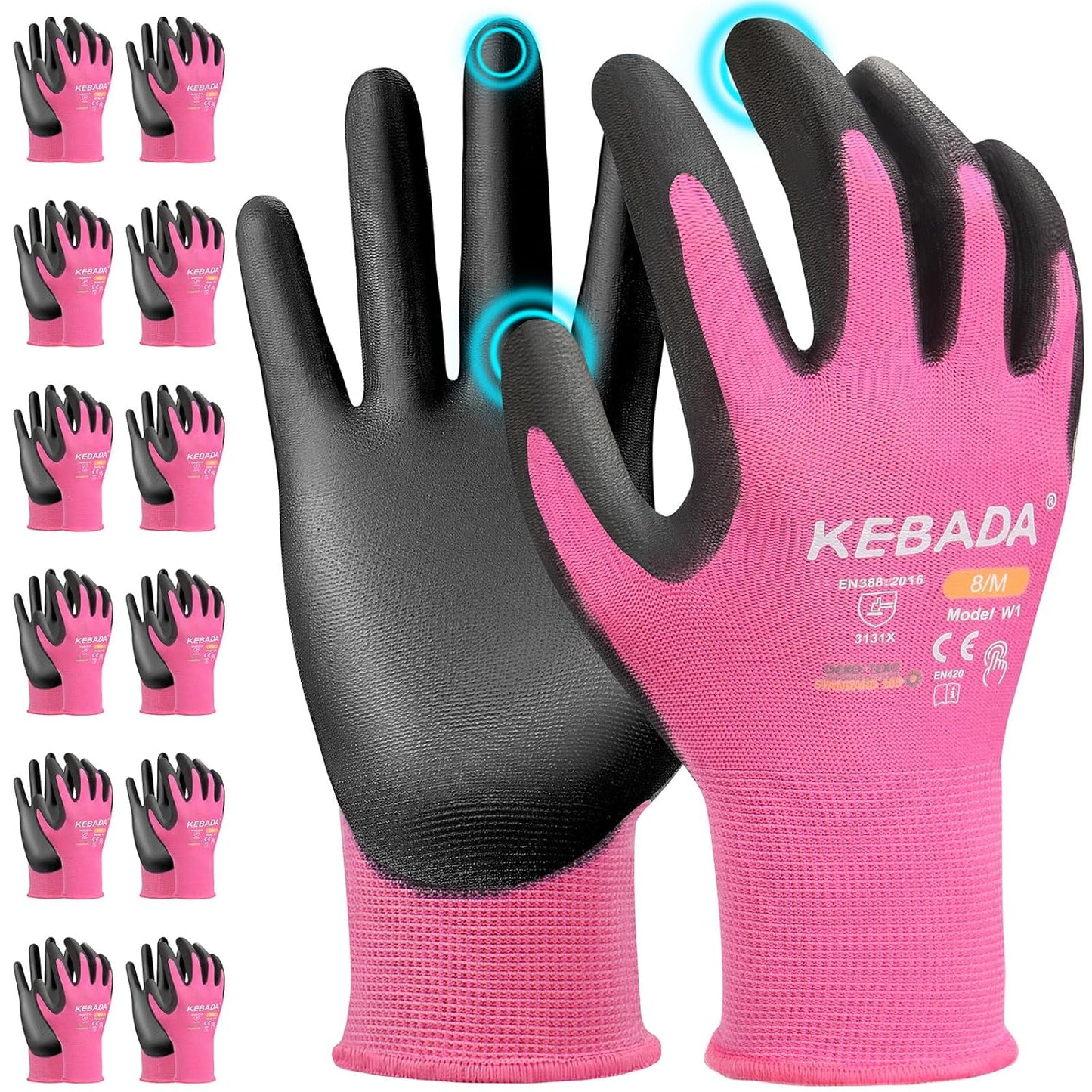 Kebada W1 Women's Work Gloves - Pink Medium (12 Pairs)
