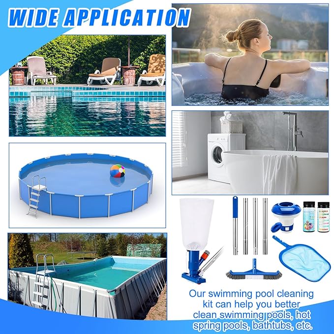Potchen 6 Pcs Pool Cleaning Kit Include Vacuum Head, Skimmer Net, Brush Head, Telescoping Pole, Pool Chlorine Floater, and Test Strips for Above Ground Pools Hot Tubs Maintenance Tools(Spa Jet Vac)