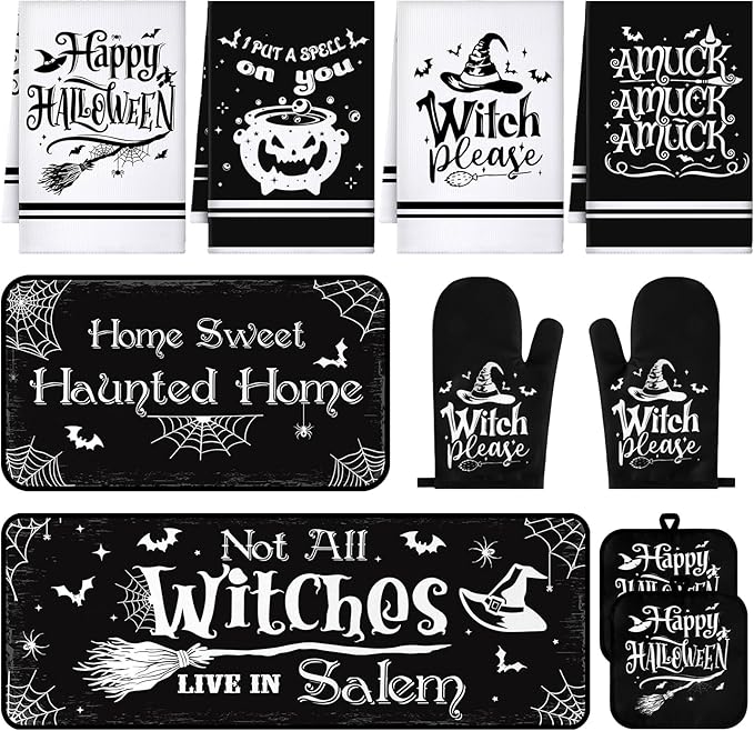 Fanfanwin 10 Pcs Halloween Kitchen Decor Set Witch Kitchen Towels and Rugs Pot Holders Oven Mitts Set for Home Cooking Dish Baking Decorative