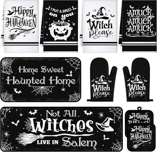 Fanfanwin 10 Pcs Halloween Kitchen Decor Set Witch Kitchen Towels and Rugs Pot Holders Oven Mitts Set for Home Cooking Dish Baking Decorative