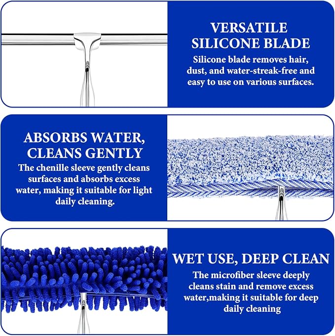 Shower Squeegee for Glass Doors, 2-in-1 Professional Window Cleaner Tool with Extension Pole, 14" Wide Window Washing Equipment for High Outside Glass, Solar Panels, Shower & Car Windshield