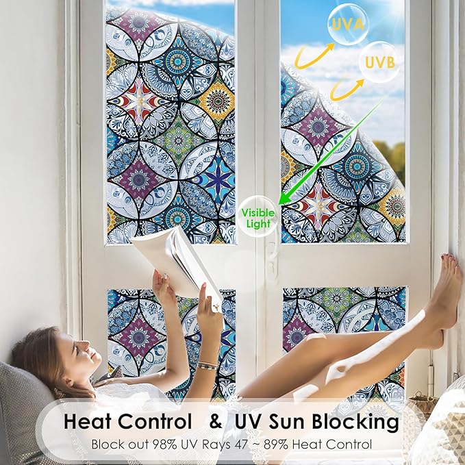 DKTIE Static Cling Decorative Window Film with Installation Tools Non Adhesive Privacy Film Stained Glass Window Film for Bathroom Shower Door Heat Cotrol Anti UV 17.7 x 78.7 Inch