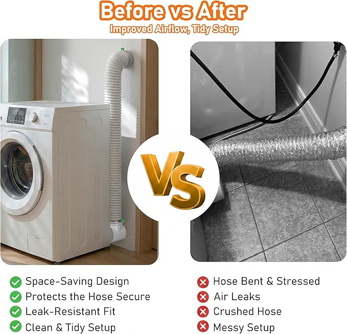 Dryer Vent Hose Connector Kit for Tight Spaces, 90° Elbow-to-Straight with White 4-Inch 6.5FT PVC Hose, White Elbow & Gray Straight Connectors, Tool-Free Installation