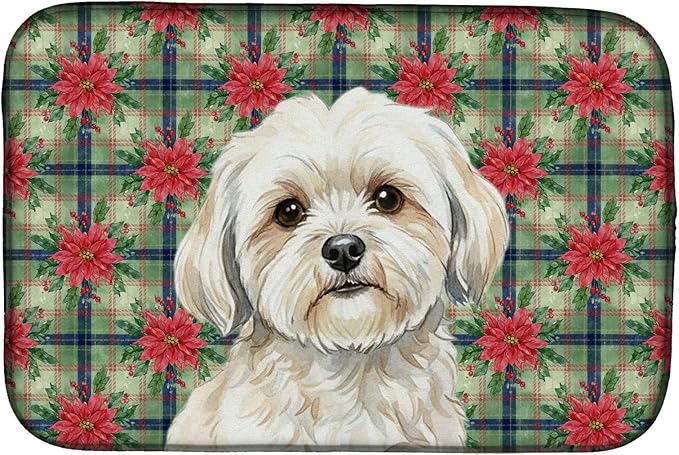 Caroline's Treasures White Lhasa Apso Christmas PoinsettIas Dish Drying Mat Absorbent Dish Drying Mat Pad for Kitchen Counter Dish Drainer Mat for Countertop, 14 x 21", Multicolor