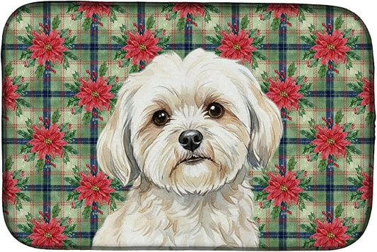 Caroline's Treasures White Lhasa Apso Christmas PoinsettIas Dish Drying Mat Absorbent Dish Drying Mat Pad for Kitchen Counter Dish Drainer Mat for Countertop, 14 x 21", Multicolor