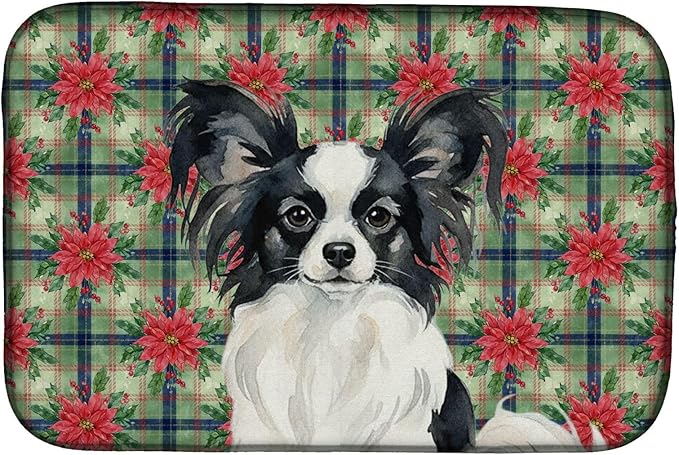Caroline's Treasures Black and White Papillon Christmas PoinsettIas Dish Drying Mat Absorbent Dish Drying Mat Pad for Kitchen Counter Dish Drainer Mat for Countertop, 14 x 21", Multicolor