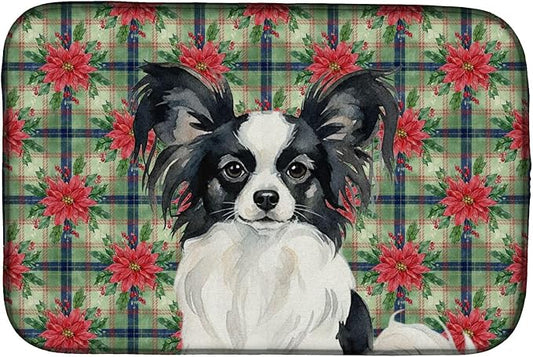 Caroline's Treasures Black and White Papillon Christmas PoinsettIas Dish Drying Mat Absorbent Dish Drying Mat Pad for Kitchen Counter Dish Drainer Mat for Countertop, 14 x 21", Multicolor