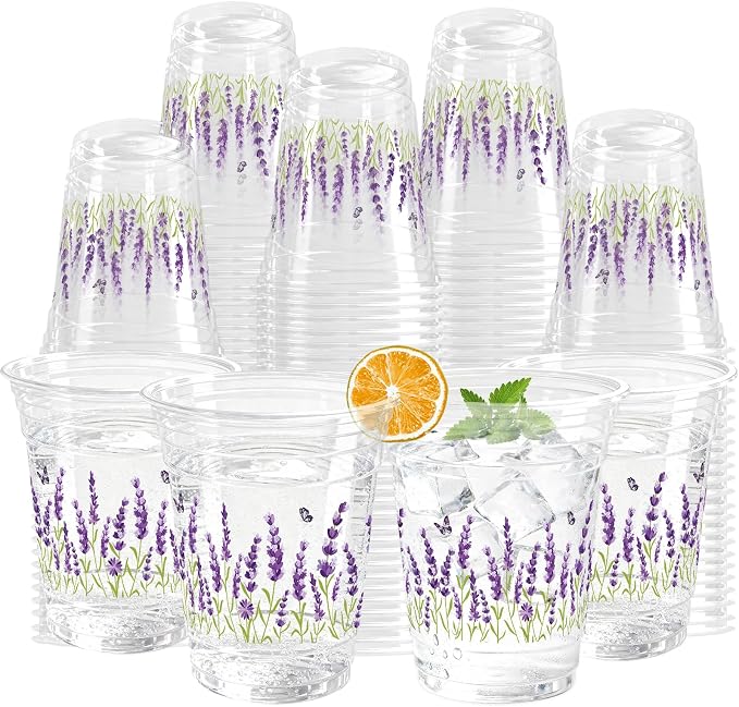 100 Pack Lavender Plastic Cups 12 oz Purple Floral Spring Summer Flower Disposable Cup Wildflowers Drinking Cold Beverage Cup for Summer Party Supplies