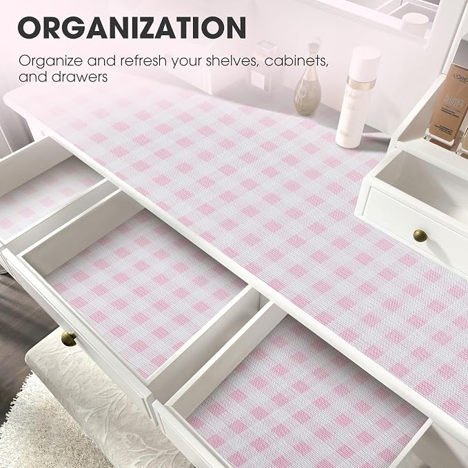 Drawer and Shelf Liner, Non-Slip Kitchen Cabinet Liners Non-Adhesive Thick Strong Grip Waterproof Washable Mats Protect Dresser Shelves Cupboard Bathroom Cabinets, Pink Plaid, 18 in X 20 FT