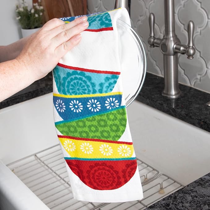 T-Fal Textiles Double Sided Print Woven Cotton Kitchen Dish Towel Set, 2-Pack, 16" x 26", Dish Stack Print