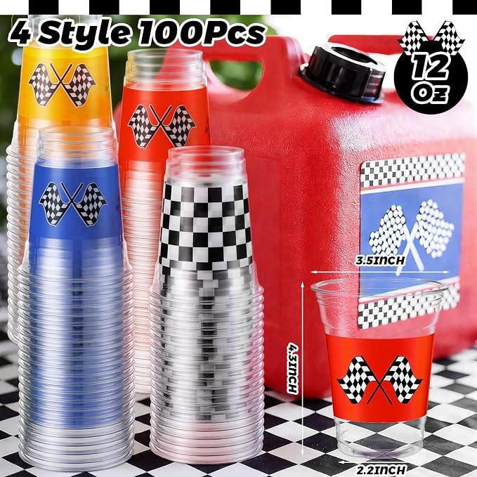 Dandat 100 Pack Race Car Party Plastic Cups 12 oz Blue Red Yellow Checkered Flag Disposable Clear Drinking Cups for If You Ain't First You're Last Birthday Fast One Party Supplies Favors