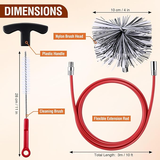 Feekoon Pellet Stove Cleaning Kit, 10 FT Flexible Steel Rod with 4" Brush Head, Flue Detail Cleaner, Pellet Stove Accessories for Vent Pipes Cleaning - Reduce Buildup & Improve Airflow