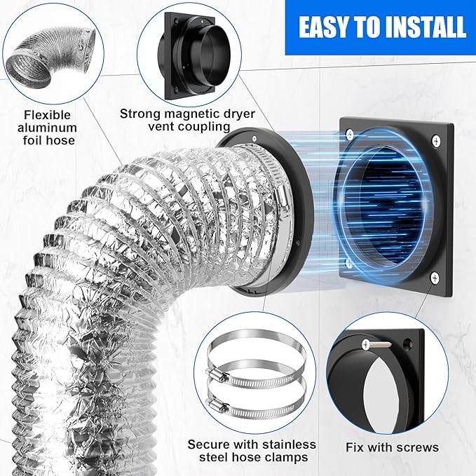 Magnetic Dryer Vent, Airtight Seal Magnetic Dryer Vent Connector Kit Strong Magnet Dryer Vent Quick Connect Disconnect Easy to Clean Flexible Hose 4" Exhaust Duct Adapter Attachment with Clamp Screw