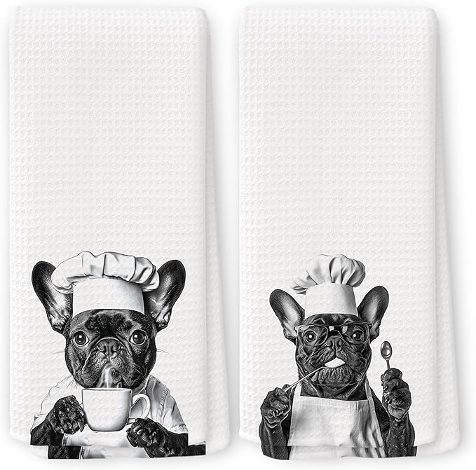 Funny French Bulldog Chef Kitchen Towels Set of 2, Black and White Frenchie Cooking Frenchie Gift Dish Tea Towels for Kitchen, Dog Lover Dining Room Decorative Hand Towel 16x24 Inch