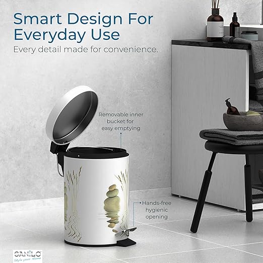 Sanilo Small Bathroom Trash Can with Lid [1.3 Gallon] - Lidded Tiny Trashcan for Garbage - Mini Metal Bin with Soft Closing Mechanism - Bath Room Accessoire Wastebin with Inner Bucket (Balance)
