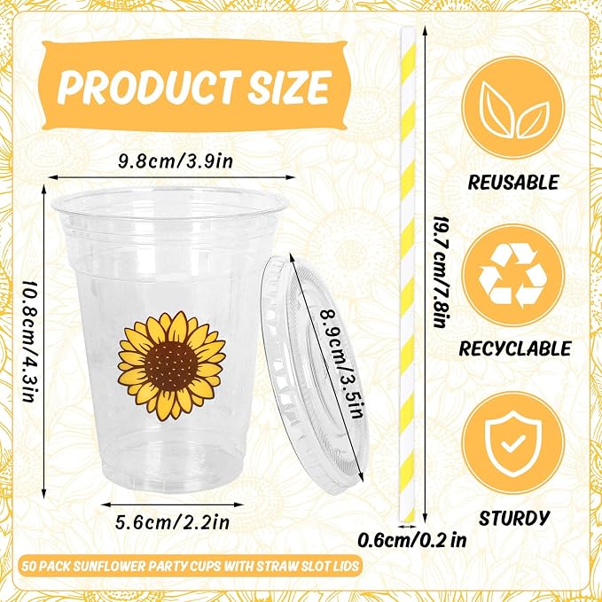 Whaline 50Pcs Sunflower Disposable Plastic Cups with Lids and Straws 12 Oz Summer Floral Cold Beverage Drinking Cups for Birthday Wedding Bridal Shower Party Supplies