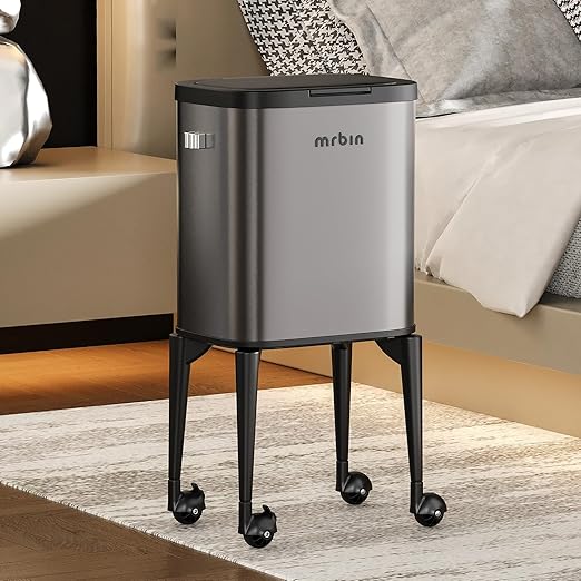 MRBIN Metal Kitchen Trash Can with Wheel Legs, 23L / 6.1gal Medium Press Lid Slim Removable Waste Basket, Pet Proof Tall Narrow Garbage Pail for Vanity, Bedroom, Bathroom, Living Room, Eclipse Grey