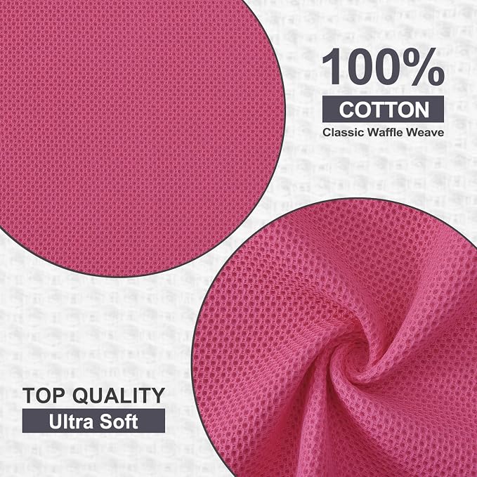 Kitinjoy 100% Cotton Kitchen Dish Cloths (12 X 12 Inches, Hot Pink), 8 Pack Waffle Weave Ultra Soft Absorbent Dish Towels for Drying Dishes Quick Drying Kitchen Towels Dish Rags