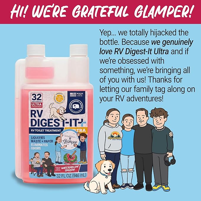 Unique RV Digest-It Ultra RV Toilet Treatment, 32 Uses, Grateful Glamper Watermelon Smash Exclusive, Eliminates Odors, Liquifies Waste, Easy-Measure Liquid Preventive Holding Tank Treatment 32 Fl Oz
