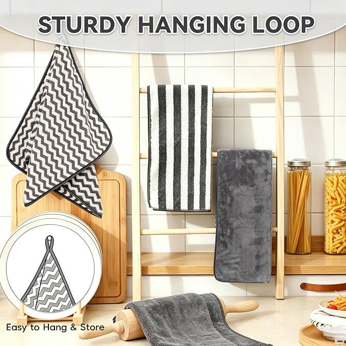 Microfiber Cleaning Cloth 6 Pack, Ultra Soft Super Absorbent Lint Free Dish Towels with Hanging Loop, 13.5x29 Inch Gray Reusable Kitchen Towels for Kitchen, Window, Car, Household