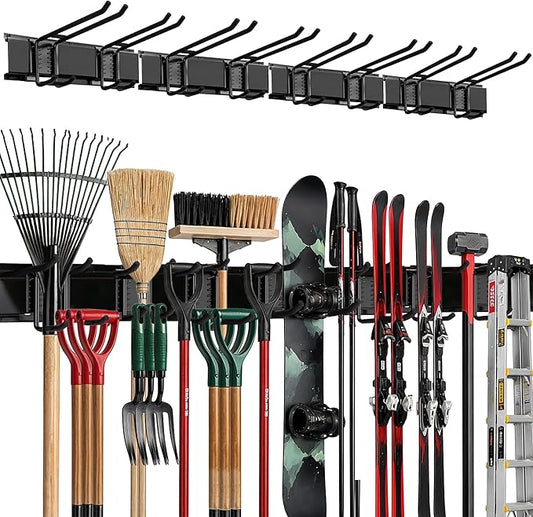 TIDYME Garage Wall Organizer | 64" Heavy-Duty Tool Storage Rack | Adjustable Double-Layer Hooks | 400 lbs Capacity | Carbon Steel Wall Mount Holder for Shovels, Rakes, Ladders & Power Tools