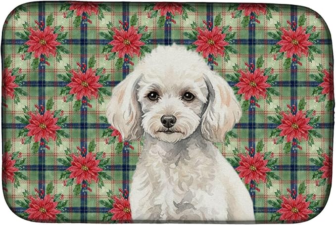 Caroline's Treasures Miniature White Poodle Christmas PoinsettIas Dish Drying Mat Absorbent Dish Drying Mat Pad for Kitchen Counter Dish Drainer Mat for Countertop, 14 x 21", Multicolor