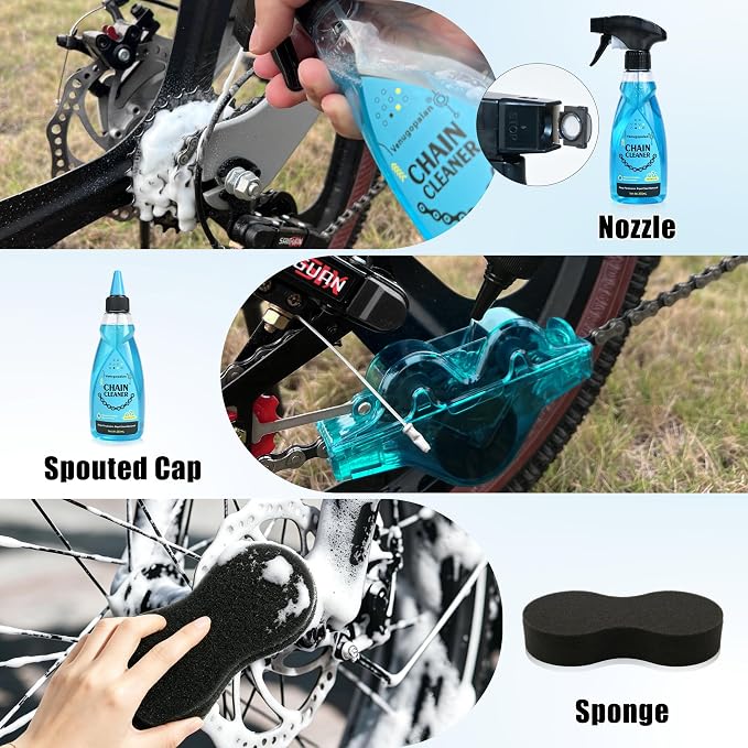 Bike Cleaning Kit Including Bicycle Chain Cleaner Degreaser, Chain Scrubber, Cycling Chain Lube, Cleaning Brush Tool, Gear Floss for Mountain Bike/MTB, Road Bike, Ebike and Trail Bikes