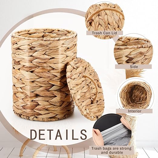 Ctosree 1.3 Gallons Small Trash Can with Lid Handle Boho Woven Braided Bathroom Waste Basket Trash Can with 100 Garbage Bags for Bedroom Office Laundry (Natural, Braided Wicker, Round)