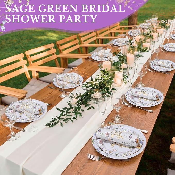 Pickmesh 250 Pcs Wildflower Bridal Shower Decorations Floral Miss to Mrs Plates and Napkins Sets Bride to Be Disposable Paper Tableware Set for Wedding, Engagement, Bachelorette Party, Serves 50