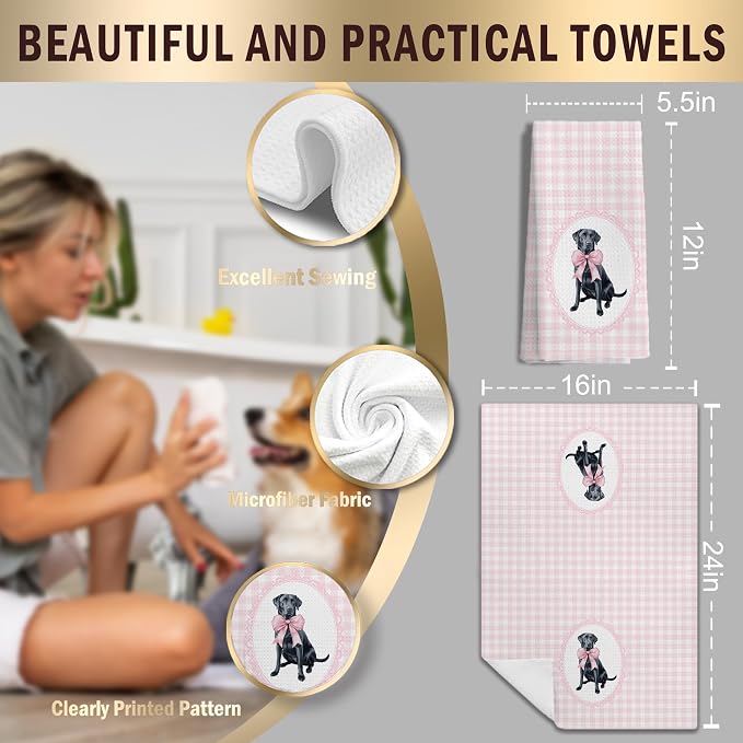 Coquette Pink Bow Black Labrador Retriever Gifts Kitchen Hand Towels for Bathroom，Black Lab Gifts,Coquette Pink Labrador Retriever Dog Girly Bathroom Kitchen Decor,16x24 Inch