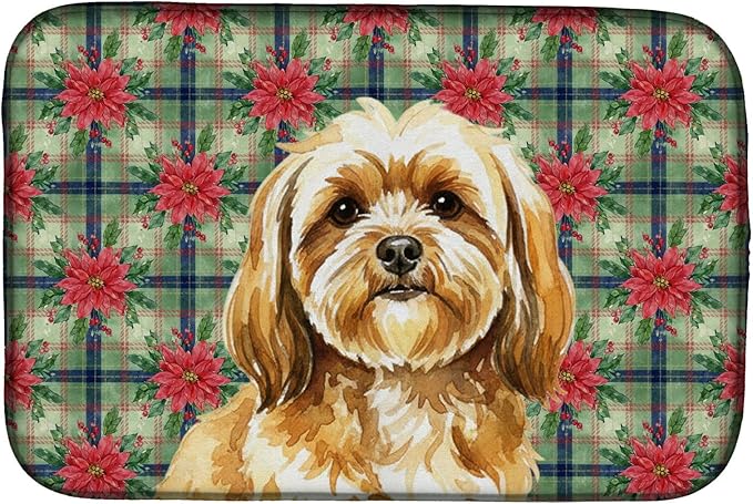 Caroline's Treasures Gold Lhasa Apso Christmas PoinsettIas Dish Drying Mat Absorbent Dish Drying Mat Pad for Kitchen Counter Dish Drainer Mat for Countertop, 14 x 21", Multicolor