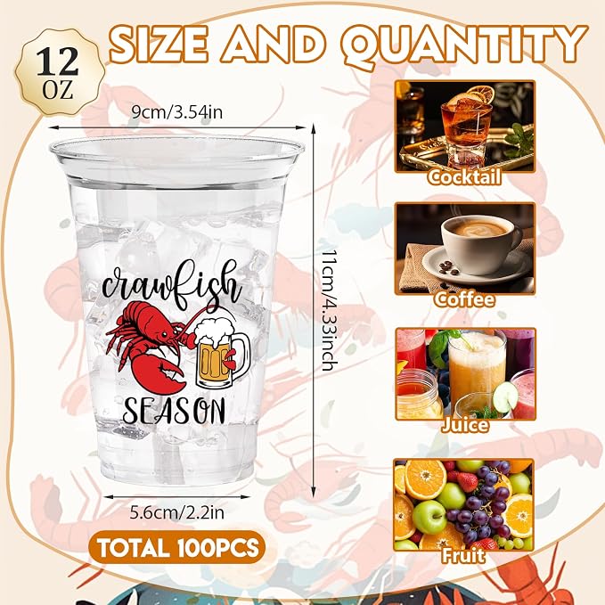 100Pcs Crawfish Plastic Party Cups, 12oz Lobster Disposable Clear Cups for Crawfish Parties, Holiday Gatherings, Birthday, Seafood Party Drinking Supplies
