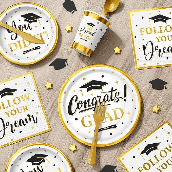 Graduation Decoration Class of 2026, 175PCS Graduation Party Supplies Disposable Dinnerware(Serve 25) with Paper Plates Cup Napkin Fork Knife Spoon College High School Grad Decor(White & Gold)